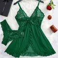 Conjunto de 2 peças: camisola de renda feminina, roupa de dormir requintada, nova, verde, pijama noturno, camisola transparente com fenda, decote em V, conjunto de sutiã e calcinha.