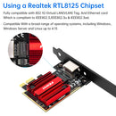 Placa de Rede FENVI 2.5G PCI-E para RJ45 com Chip RTL8125B, 100/1000Mbps, Controladora LAN Ethernet com Fio de 2.5Gbps para Win7/8/10/11