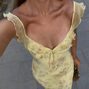 Vestido longo de verão com estampa floral criptográfica e decote profundo, modelo sexy sem costas, estilo fada, perfeito para férias na praia ou como peça de roupa.