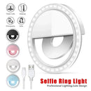 Anel de luz LED para selfies, lâmpada portátil com clipe para celular, carregamento USB, flash LED para câmeras fotográficas de smartphones.
