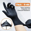 Luvas industriais descartáveis de nitrilo pretas de alta resistência, 8 milímetros de espessura, com textura diamantada para melhor aderência, ideais para mecânicos e profissionais de segurança.