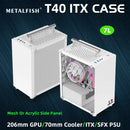 Gabinete METALFISH T40 Mini ITX de 7L com painel lateral em acrílico ou mesh e alça para transporte. Suporta fonte SFX e placa de vídeo de 206mm.