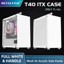 Gabinete METALFISH T40 Mini ITX de 7L com painel lateral em acrílico ou mesh e alça para transporte. Suporta fonte SFX e placa de vídeo de 206mm.