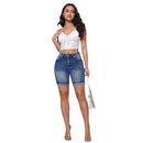 Shorts jeans femininos de cintura alta com barra ondulada, modelo casual e moderno, com alta elasticidade e comprimento até o joelho, lançamento para o verão de 2025.