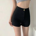 Shorts de motociclista femininos, modelo 2024, cintura alta, com botões, pernas largas, estilo shorts jeans, casuais, folgados, nas cores azul e preto.