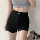 Shorts de motociclista femininos, modelo 2024, cintura alta, com botões, pernas largas, estilo shorts jeans, casuais, folgados, nas cores azul e preto.