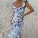 Vestido longo de verão com estampa floral criptográfica e decote profundo, modelo sexy sem costas, estilo fada, perfeito para férias na praia ou como peça de roupa.