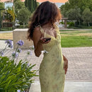 Vestido longo de verão com estampa floral criptográfica e decote profundo, modelo sexy sem costas, estilo fada, perfeito para férias na praia ou como peça de roupa.
